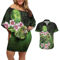 New Zealand Aotearoa Kakapo Couples Matching Off Shoulder Short Dress and Hawaiian Shirt Maori Pattern With Manuka Galaxy Style - Polynesian Pride