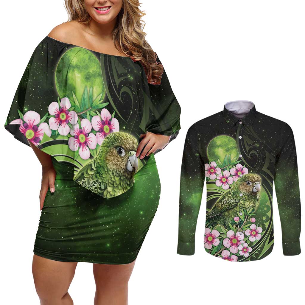 New Zealand Aotearoa Kakapo Couples Matching Off Shoulder Short Dress and Long Sleeve Button Shirt Maori Pattern With Manuka Galaxy Style - Polynesian Pride