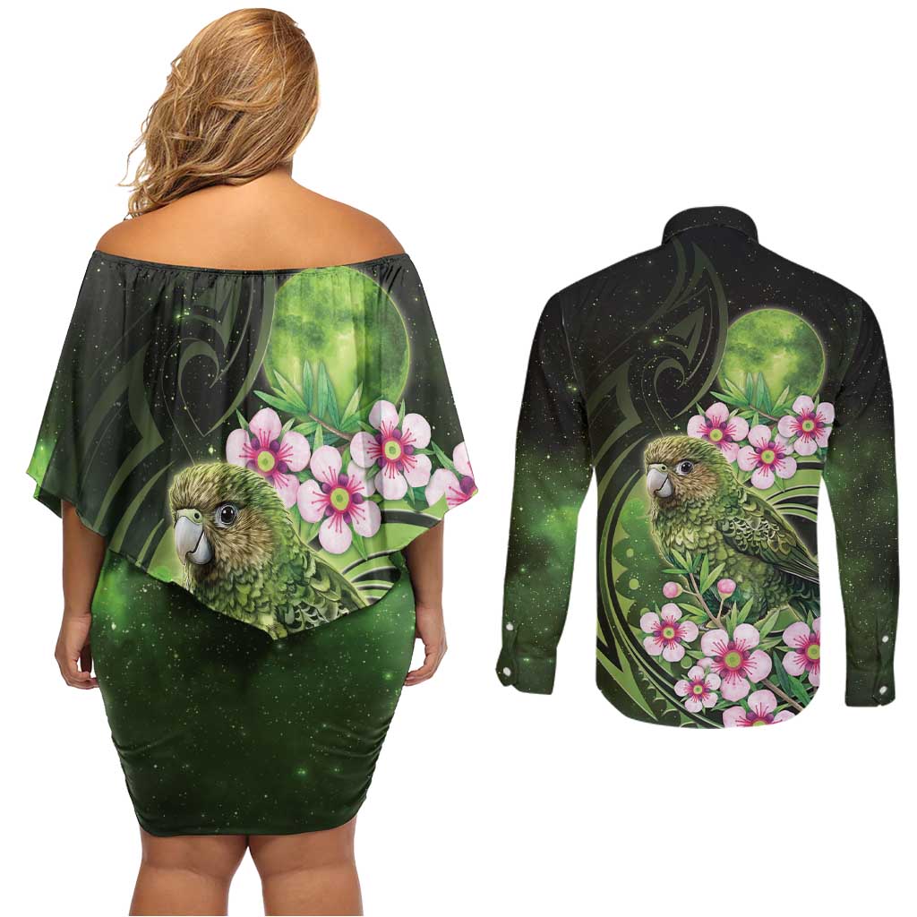 New Zealand Aotearoa Kakapo Couples Matching Off Shoulder Short Dress and Long Sleeve Button Shirt Maori Pattern With Manuka Galaxy Style - Polynesian Pride