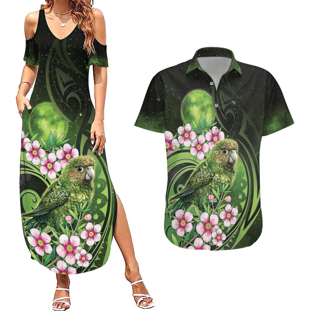 New Zealand Aotearoa Kakapo Couples Matching Summer Maxi Dress and Hawaiian Shirt Maori Pattern With Manuka Galaxy Style - Polynesian Pride
