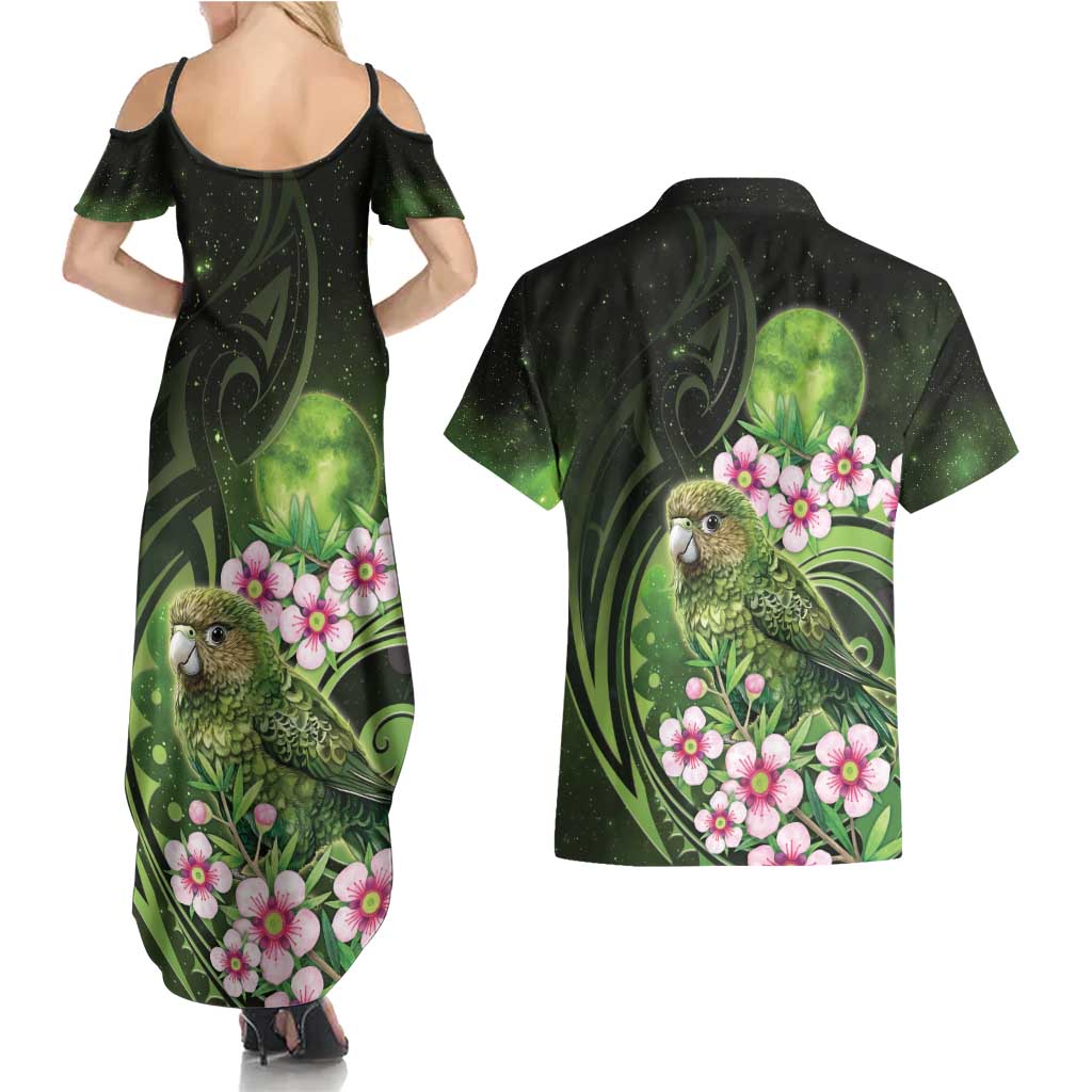 New Zealand Aotearoa Kakapo Couples Matching Summer Maxi Dress and Hawaiian Shirt Maori Pattern With Manuka Galaxy Style - Polynesian Pride