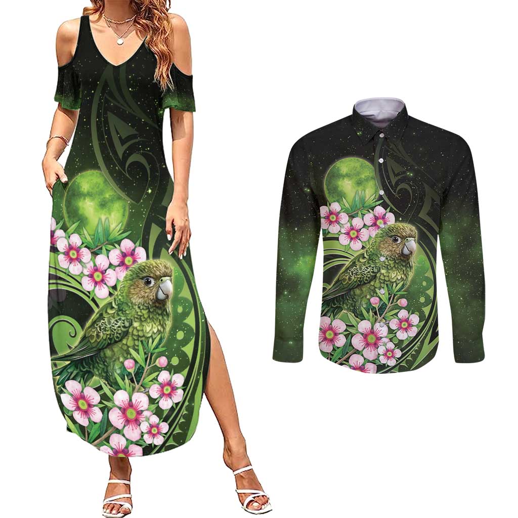 New Zealand Aotearoa Kakapo Couples Matching Summer Maxi Dress and Long Sleeve Button Shirt Maori Pattern With Manuka Galaxy Style - Polynesian Pride