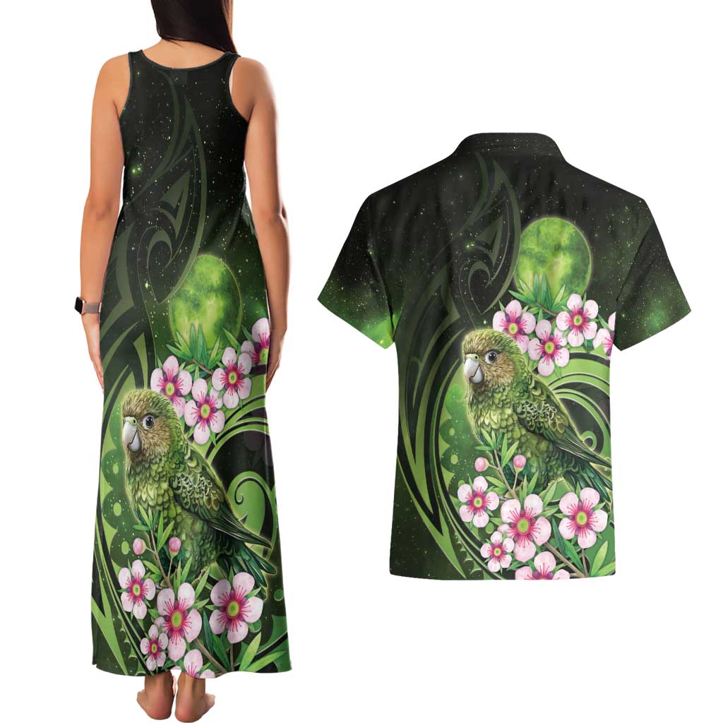 New Zealand Aotearoa Kakapo Couples Matching Tank Maxi Dress and Hawaiian Shirt Maori Pattern With Manuka Galaxy Style - Polynesian Pride