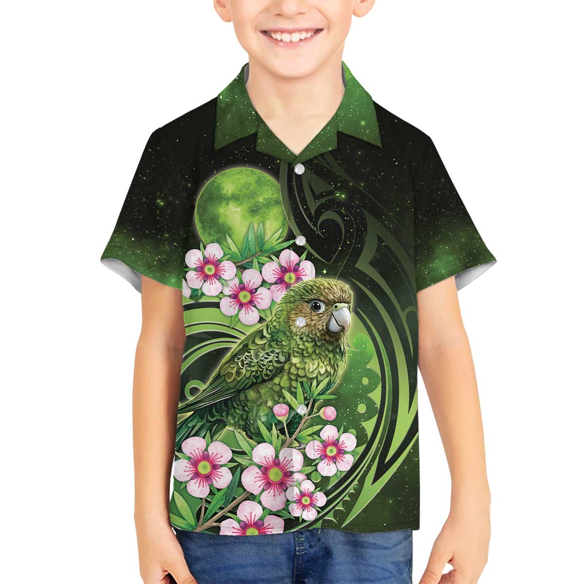 New Zealand Aotearoa Kakapo Family Matching Off The Shoulder Long Sleeve Dress and Hawaiian Shirt Maori Pattern With Manuka Galaxy Style - Polynesian Pride