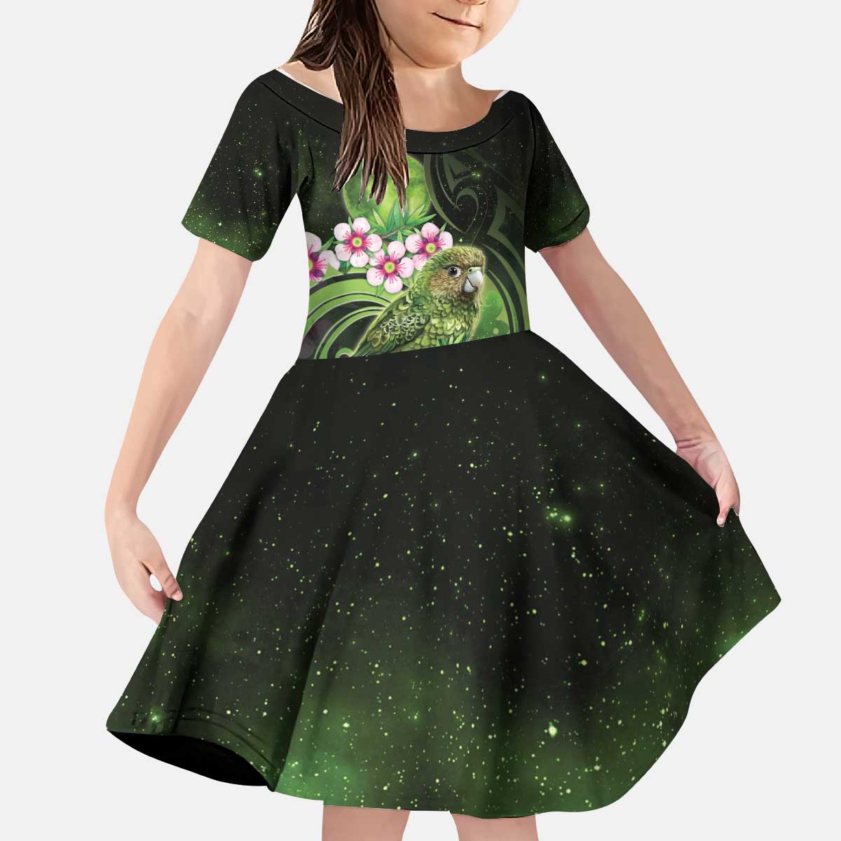 New Zealand Aotearoa Kakapo Kid Short Sleeve Dress Maori Pattern With Manuka Galaxy Style - Polynesian Pride