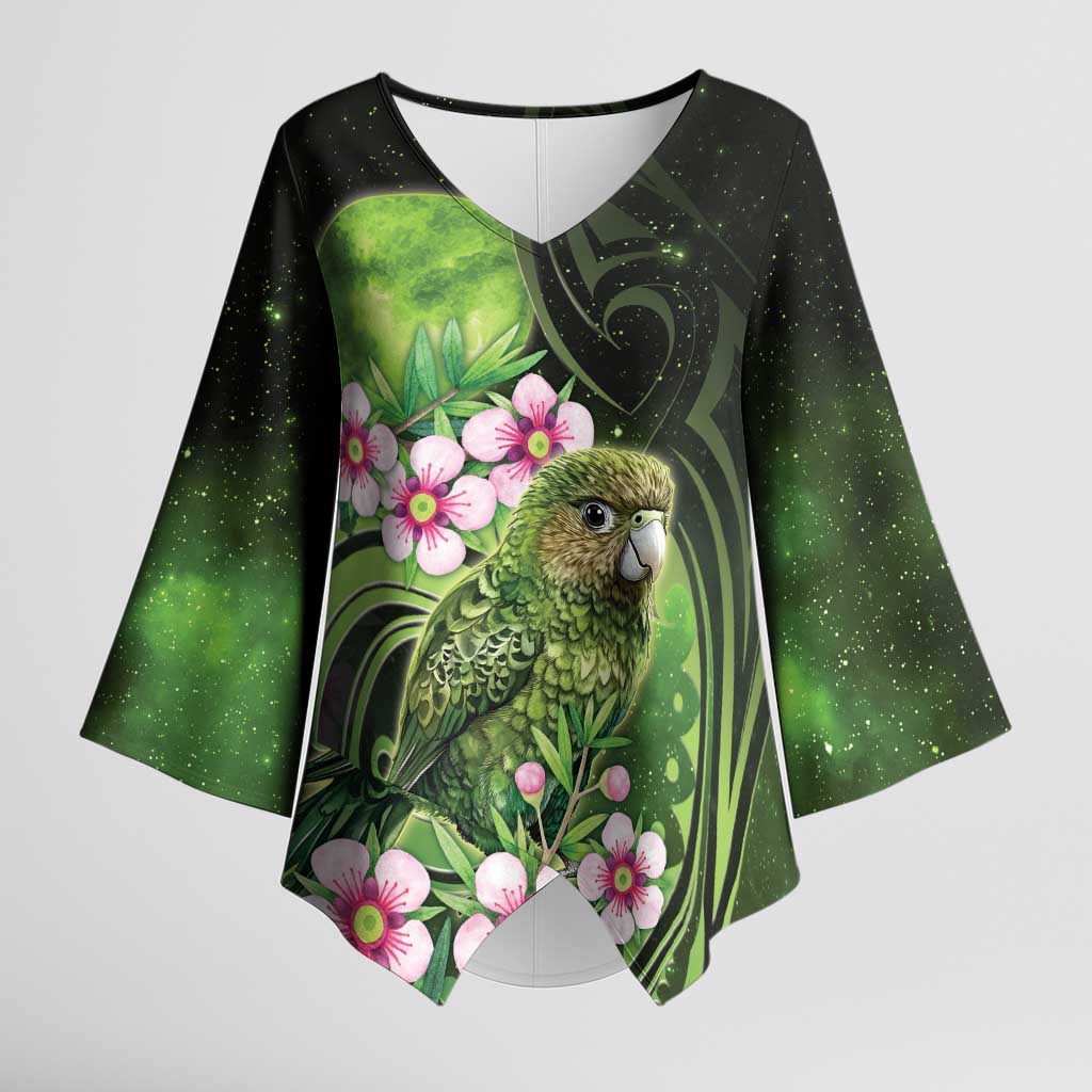 New Zealand Aotearoa Kakapo Kimono Sleeve Blouse Maori Pattern With Manuka Galaxy Style - Polynesian Pride