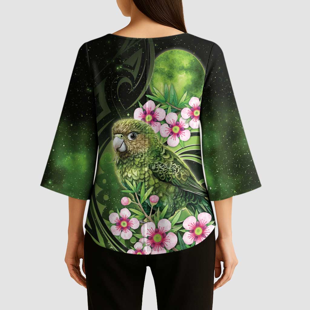 New Zealand Aotearoa Kakapo Kimono Sleeve Blouse Maori Pattern With Manuka Galaxy Style - Polynesian Pride