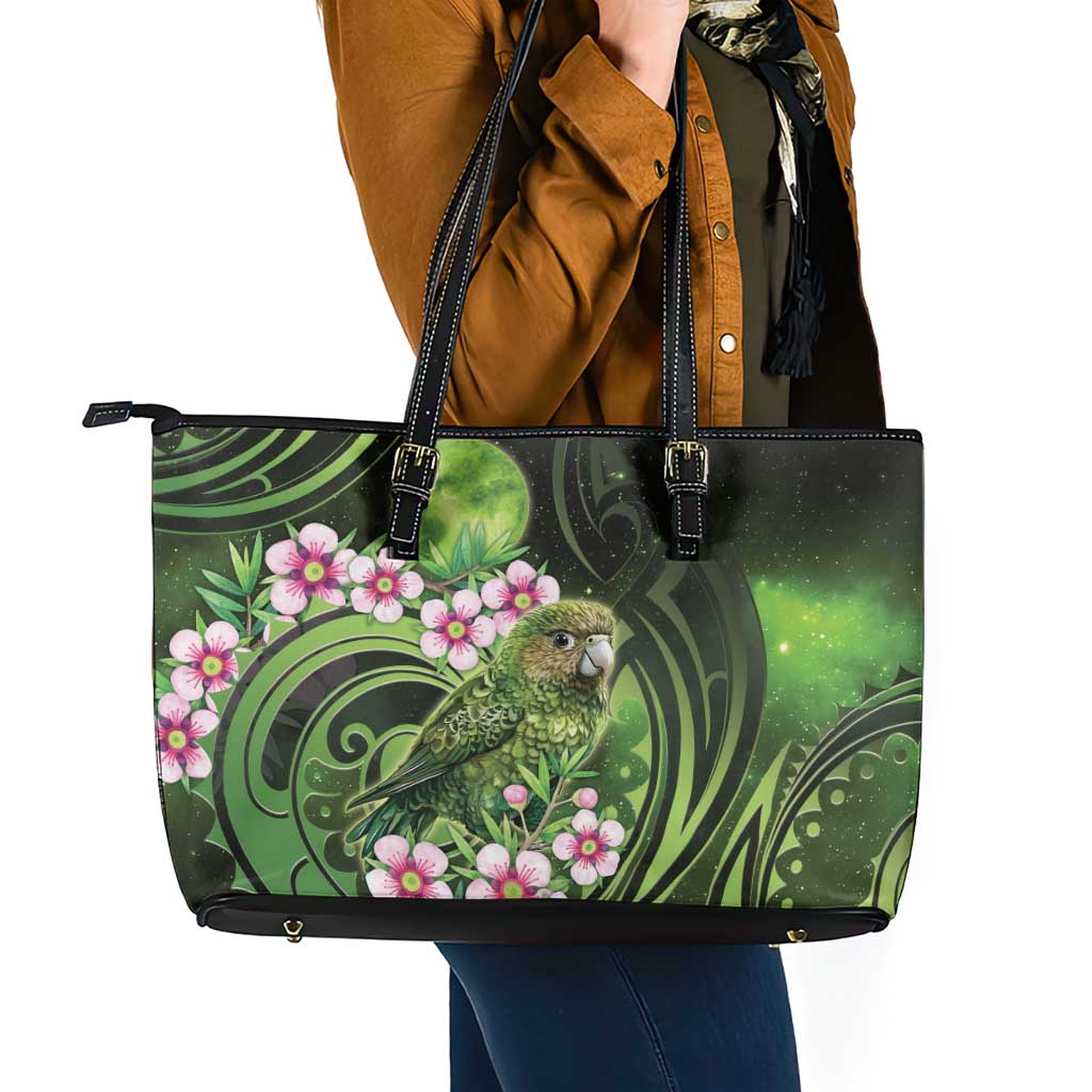 New Zealand Aotearoa Kakapo Leather Tote Bag Maori Pattern With Manuka Galaxy Style - Polynesian Pride