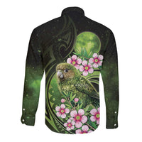 New Zealand Aotearoa Kakapo Long Sleeve Button Shirt Maori Pattern With Manuka Galaxy Style - Polynesian Pride