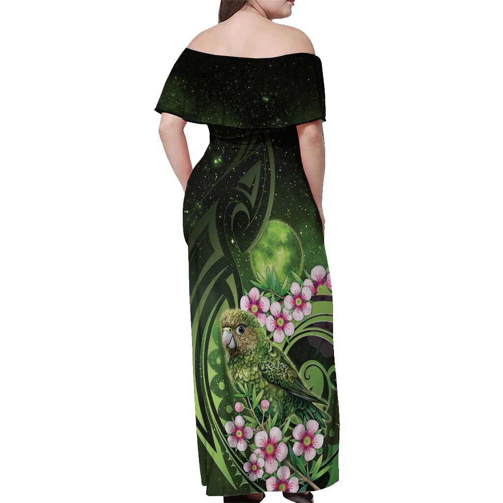 New Zealand Aotearoa Kakapo Off Shoulder Maxi Dress Maori Pattern With Manuka Galaxy Style - Polynesian Pride