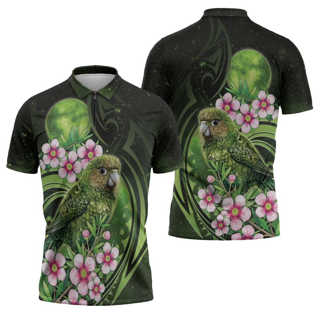 New Zealand Aotearoa Kakapo Zipper Polo Shirt Maori Pattern With Manuka Galaxy Style - Polynesian Pride