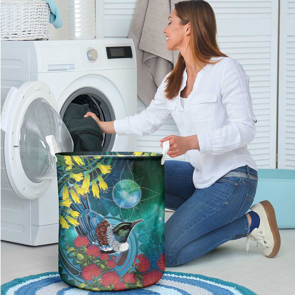 New Zealand Tui Bird Laundry Basket Maori Koru With Pohutukawa Galaxy Style - Polynesian Pride