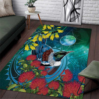 New Zealand Tui Bird Area Rug Maori Koru With Pohutukawa Galaxy Style - Polynesian Pride