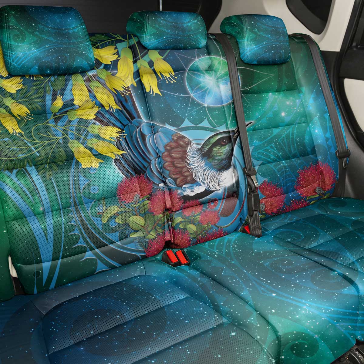 New Zealand Tui Bird Back Car Seat Cover Maori Koru With Pohutukawa Galaxy Style - Polynesian Pride