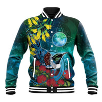 New Zealand Tui Bird Baseball Jacket Maori Koru With Pohutukawa Galaxy Style - Polynesian Pride