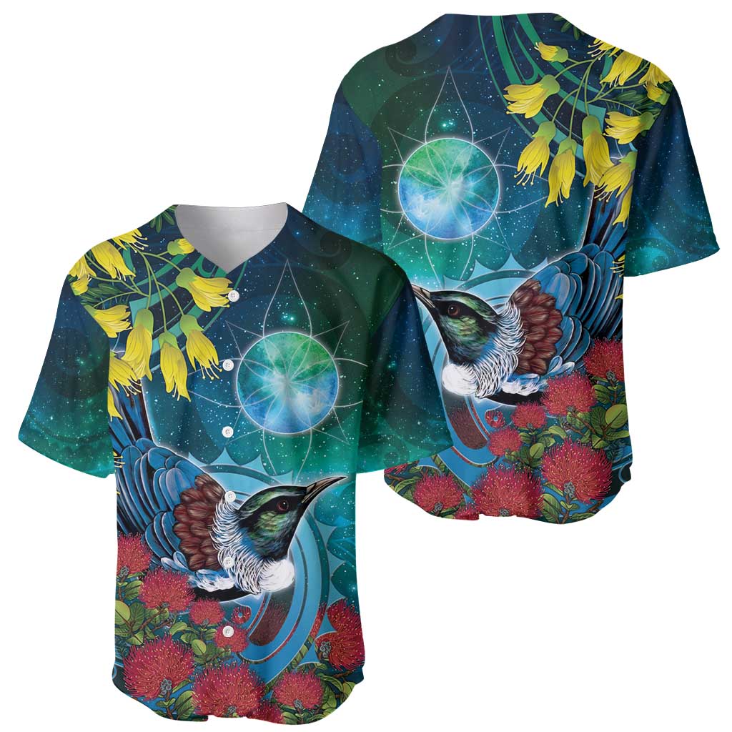 New Zealand Tui Bird Baseball Jersey Maori Koru With Pohutukawa Galaxy Style - Polynesian Pride