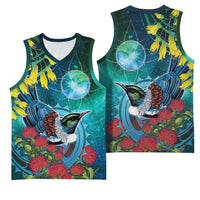 New Zealand Tui Bird Basketball Jersey Maori Koru With Pohutukawa Galaxy Style - Polynesian Pride