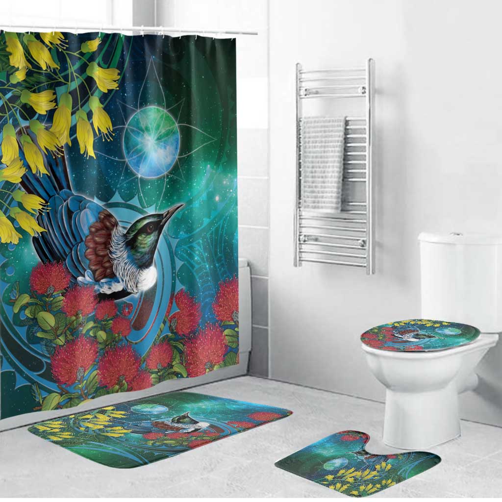 New Zealand Tui Bird Bathroom Set Maori Koru With Pohutukawa Galaxy Style - Polynesian Pride