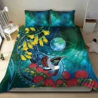 New Zealand Tui Bird Bedding Set Maori Koru With Pohutukawa Galaxy Style - Polynesian Pride