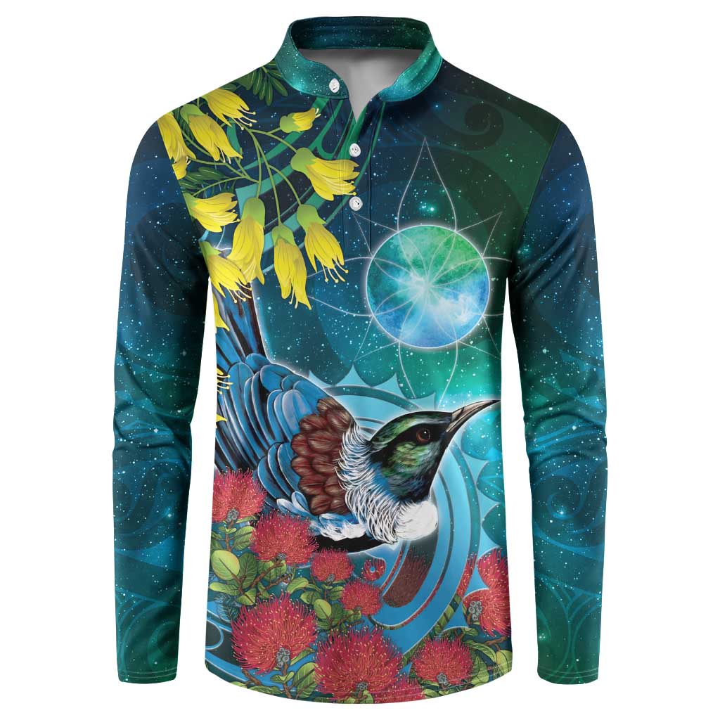 New Zealand Tui Bird Button Sweatshirt Maori Koru With Pohutukawa Galaxy Style - Polynesian Pride