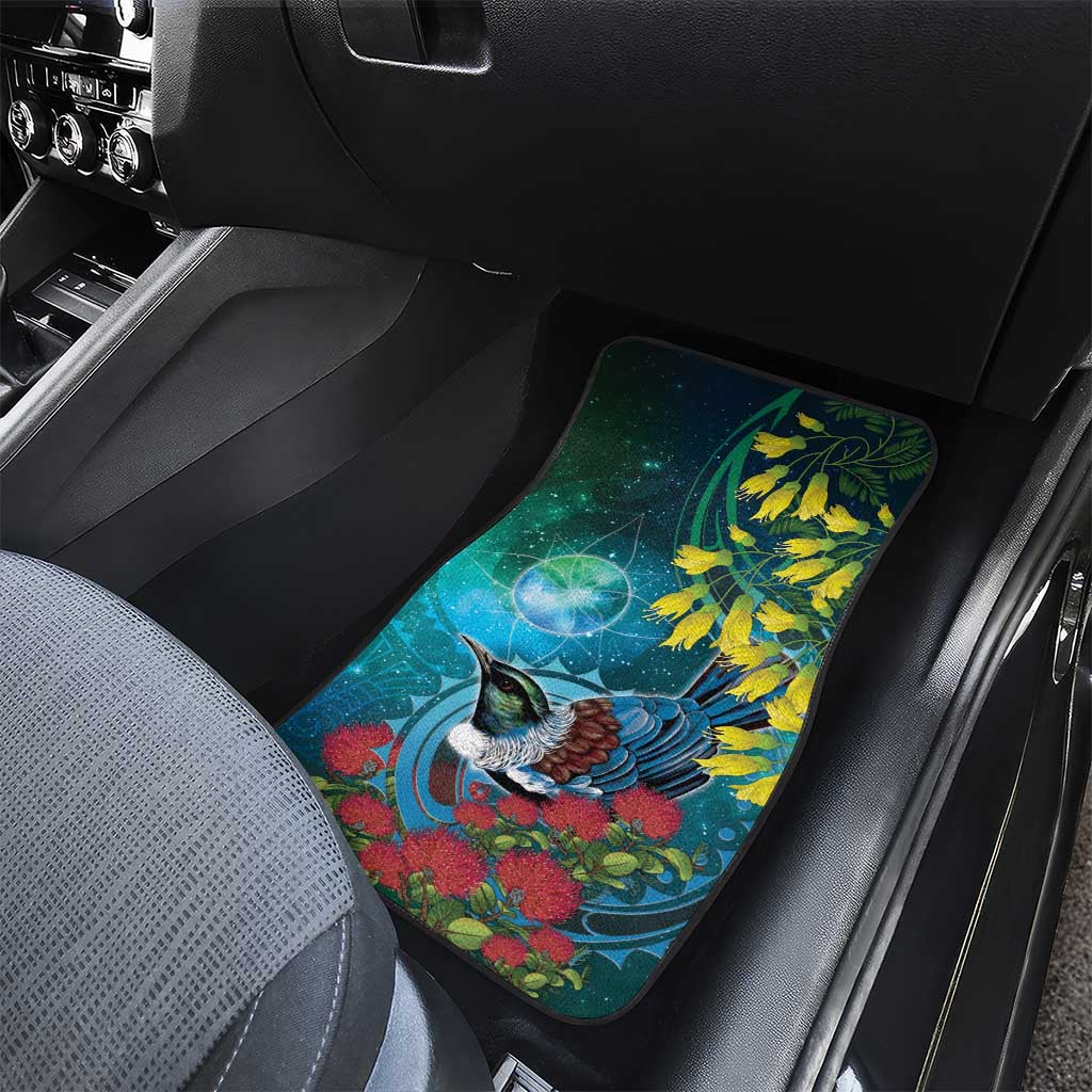 New Zealand Tui Bird Car Mats Maori Koru With Pohutukawa Galaxy Style - Polynesian Pride