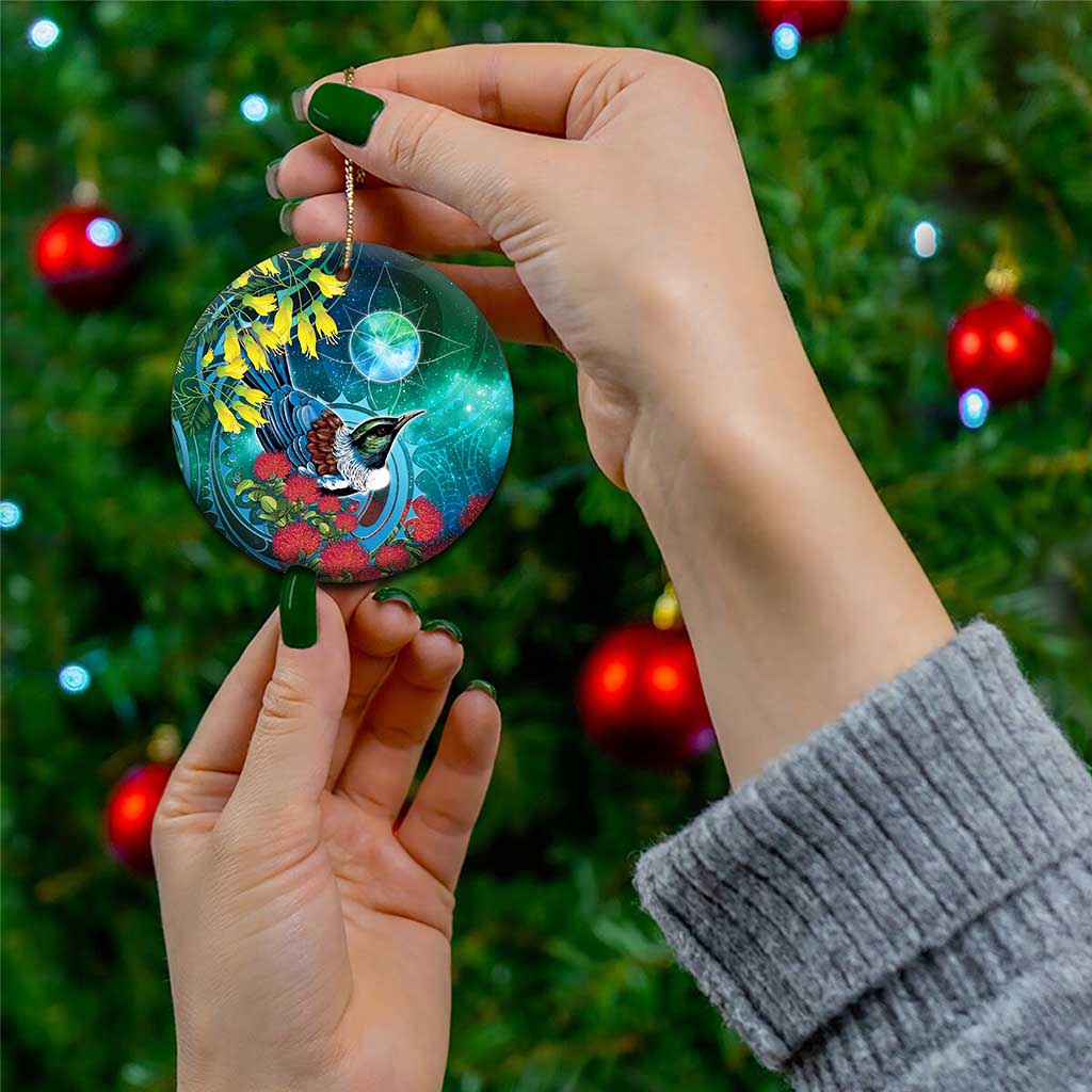 New Zealand Tui Bird Ceramic Ornament Maori Koru With Pohutukawa Galaxy Style - Polynesian Pride
