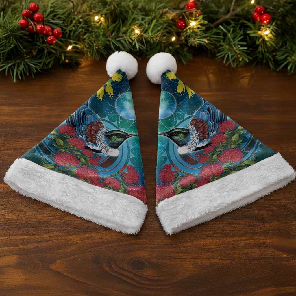 New Zealand Tui Bird Christmas Santa Hat Maori Koru With Pohutukawa Galaxy Style - Polynesian Pride