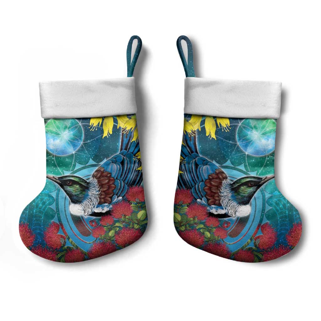 New Zealand Tui Bird Christmas Stocking Maori Koru With Pohutukawa Galaxy Style - Polynesian Pride