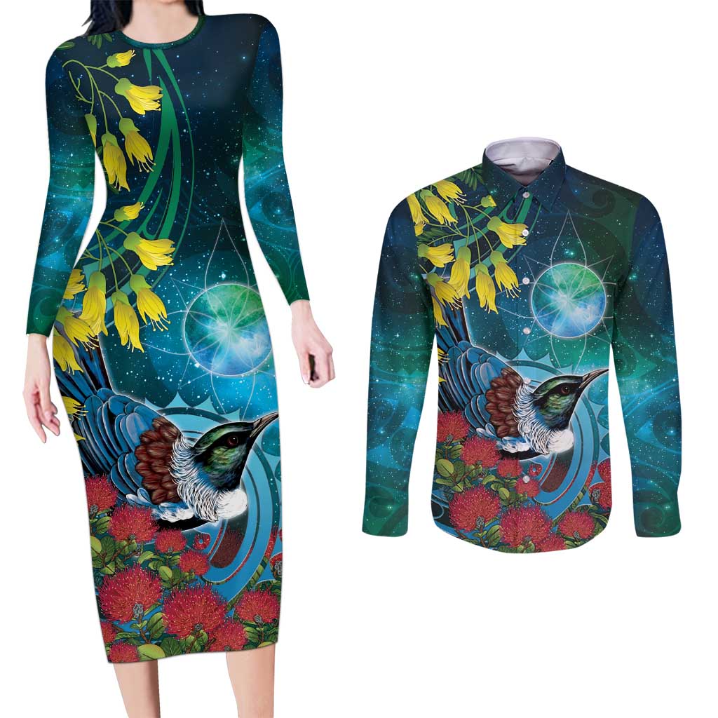 New Zealand Tui Bird Couples Matching Long Sleeve Bodycon Dress and Long Sleeve Button Shirt Maori Koru With Pohutukawa Galaxy Style - Polynesian Pride