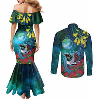 New Zealand Tui Bird Couples Matching Mermaid Dress and Long Sleeve Button Shirt Maori Koru With Pohutukawa Galaxy Style - Polynesian Pride