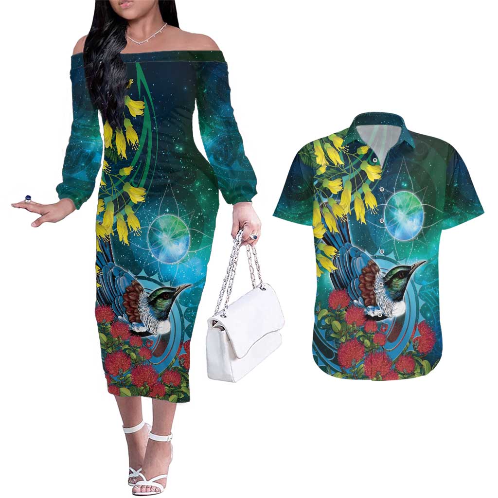 New Zealand Tui Bird Couples Matching Off The Shoulder Long Sleeve Dress and Hawaiian Shirt Maori Koru With Pohutukawa Galaxy Style - Polynesian Pride