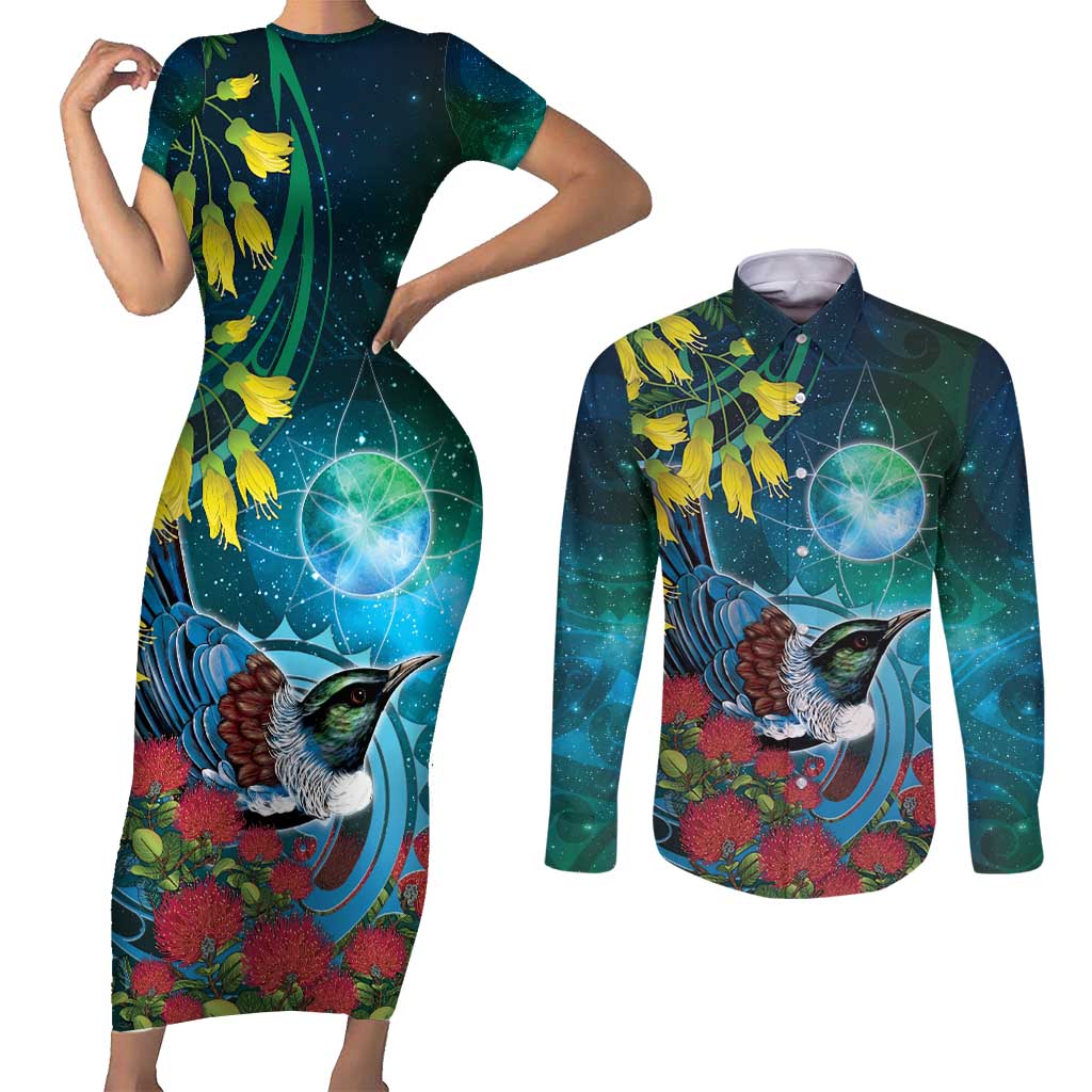 New Zealand Tui Bird Couples Matching Short Sleeve Bodycon Dress and Long Sleeve Button Shirt Maori Koru With Pohutukawa Galaxy Style - Polynesian Pride