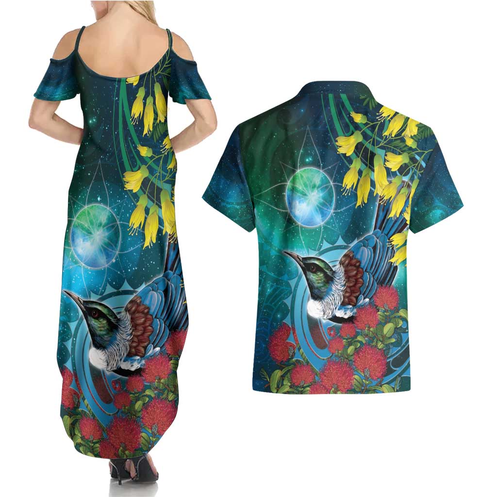 New Zealand Tui Bird Couples Matching Summer Maxi Dress and Hawaiian Shirt Maori Koru With Pohutukawa Galaxy Style - Polynesian Pride