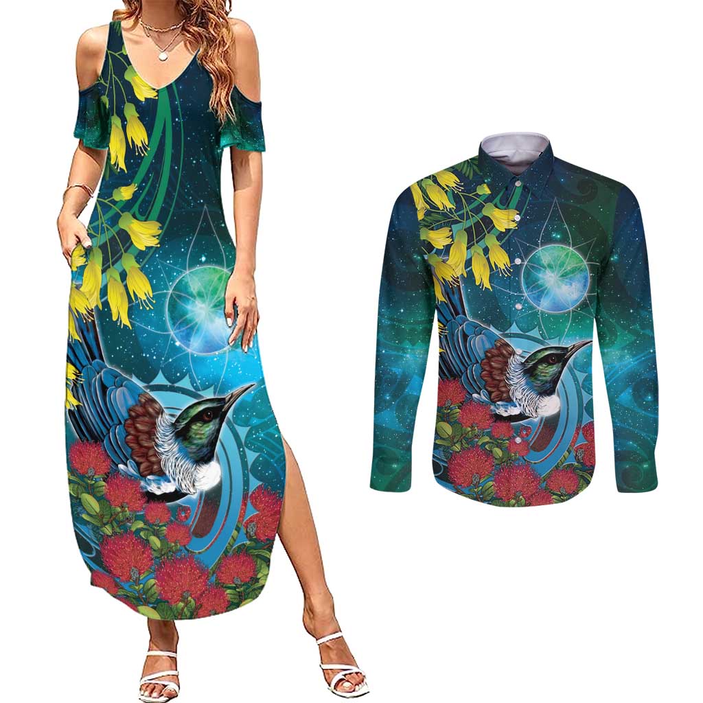 New Zealand Tui Bird Couples Matching Summer Maxi Dress and Long Sleeve Button Shirt Maori Koru With Pohutukawa Galaxy Style - Polynesian Pride
