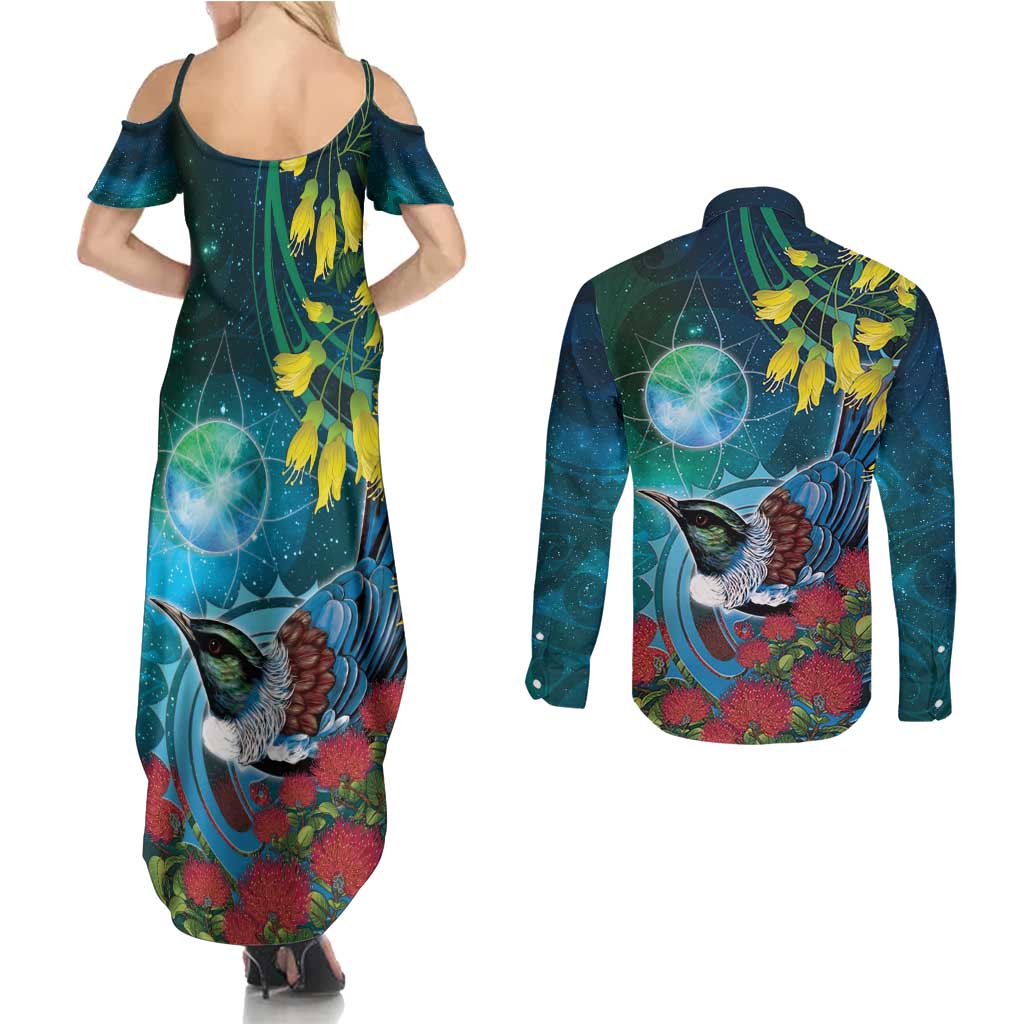 New Zealand Tui Bird Couples Matching Summer Maxi Dress and Long Sleeve Button Shirt Maori Koru With Pohutukawa Galaxy Style - Polynesian Pride