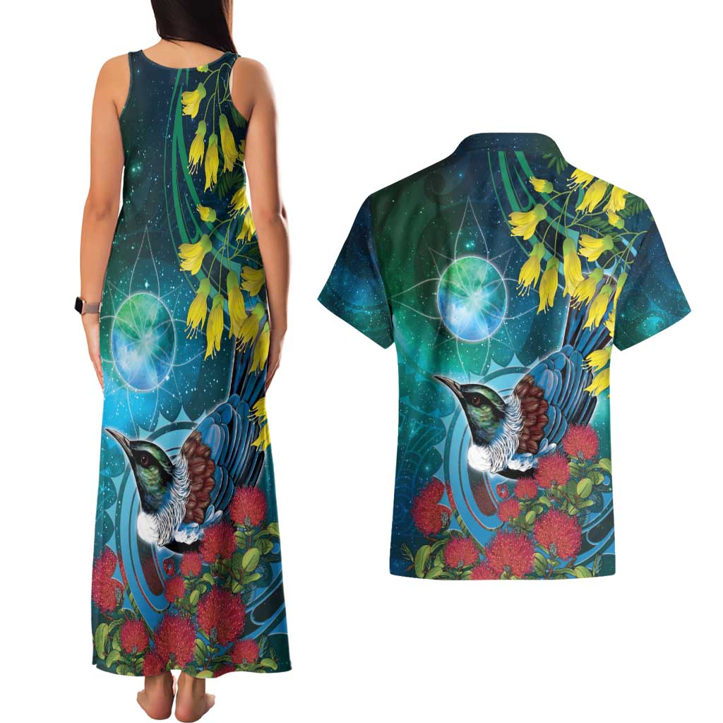 New Zealand Tui Bird Couples Matching Tank Maxi Dress and Hawaiian Shirt Maori Koru With Pohutukawa Galaxy Style - Polynesian Pride
