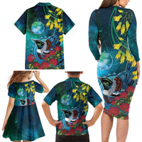 New Zealand Tui Bird Family Matching Long Sleeve Bodycon Dress and Hawaiian Shirt Maori Koru With Pohutukawa Galaxy Style - Polynesian Pride