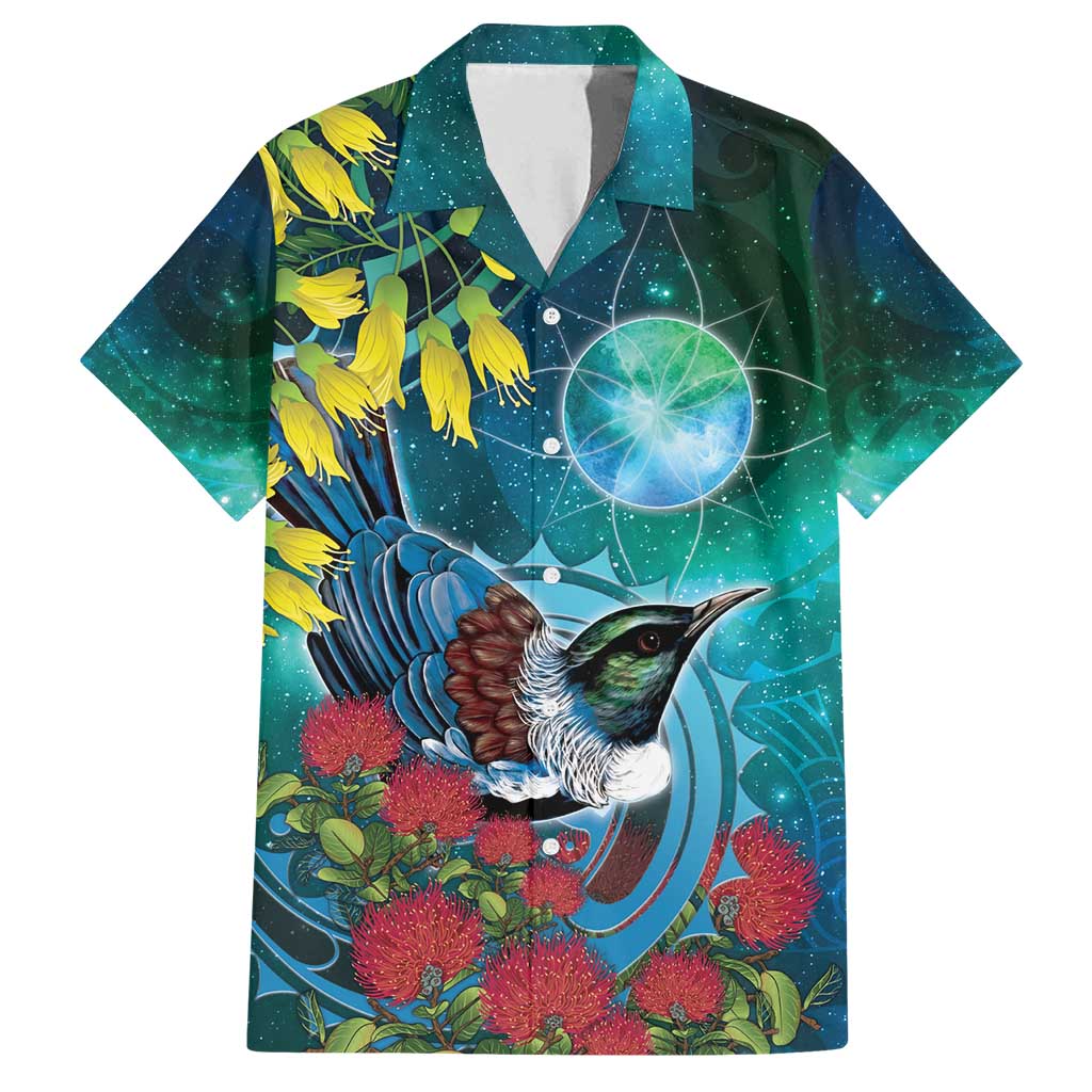 New Zealand Tui Bird Family Matching Long Sleeve Bodycon Dress and Hawaiian Shirt Maori Koru With Pohutukawa Galaxy Style - Polynesian Pride