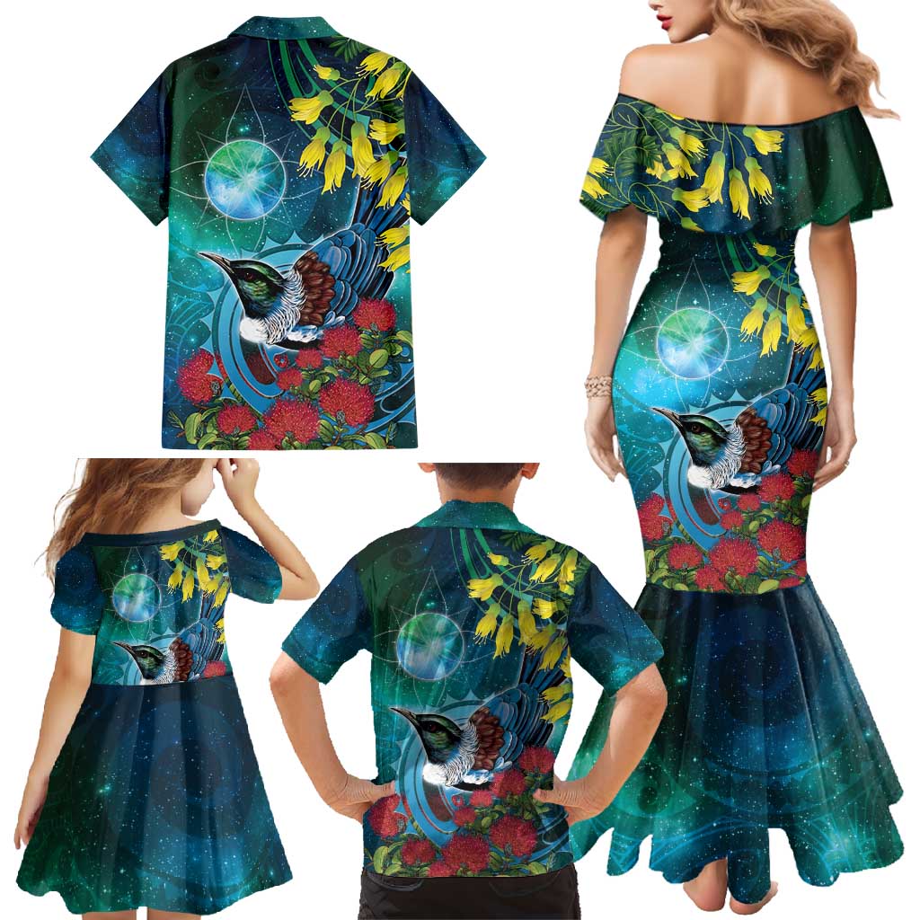 New Zealand Tui Bird Family Matching Mermaid Dress and Hawaiian Shirt Maori Koru With Pohutukawa Galaxy Style - Polynesian Pride