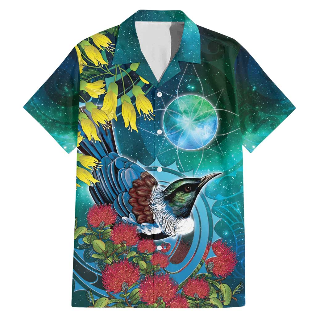 New Zealand Tui Bird Family Matching Mermaid Dress and Hawaiian Shirt Maori Koru With Pohutukawa Galaxy Style - Polynesian Pride