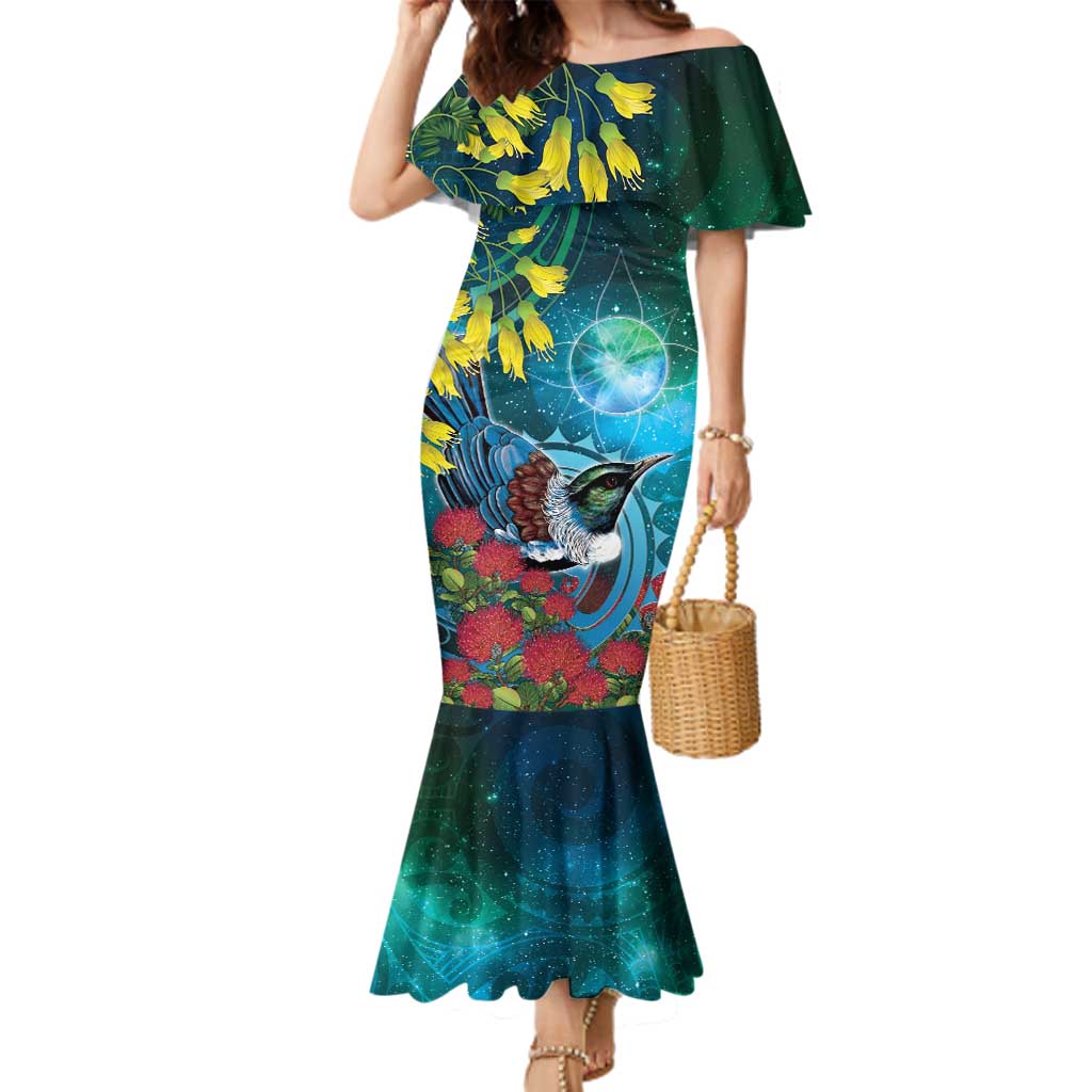 New Zealand Tui Bird Family Matching Mermaid Dress and Hawaiian Shirt Maori Koru With Pohutukawa Galaxy Style - Polynesian Pride