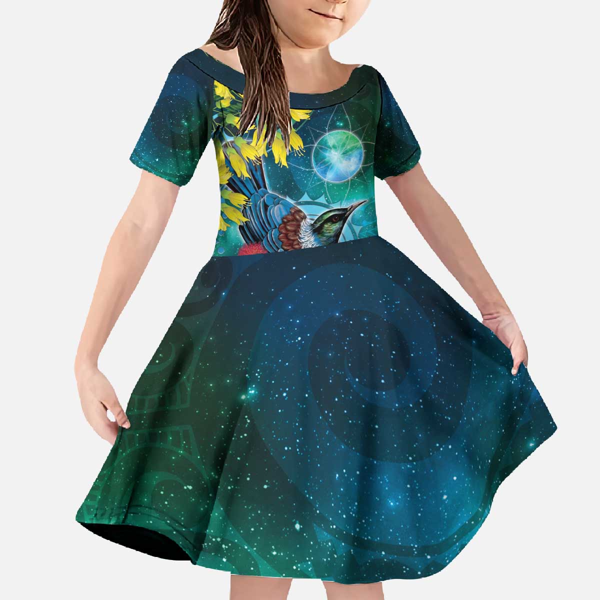 New Zealand Tui Bird Family Matching Off The Shoulder Long Sleeve Dress and Hawaiian Shirt Maori Koru With Pohutukawa Galaxy Style - Polynesian Pride