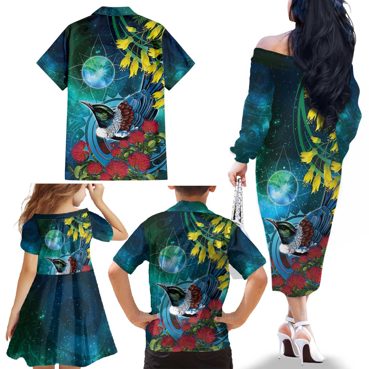 New Zealand Tui Bird Family Matching Off The Shoulder Long Sleeve Dress and Hawaiian Shirt Maori Koru With Pohutukawa Galaxy Style - Polynesian Pride