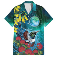 New Zealand Tui Bird Family Matching Off The Shoulder Long Sleeve Dress and Hawaiian Shirt Maori Koru With Pohutukawa Galaxy Style - Polynesian Pride