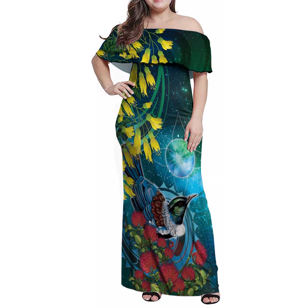 New Zealand Tui Bird Family Matching Off Shoulder Maxi Dress and Hawaiian Shirt Maori Koru With Pohutukawa Galaxy Style - Polynesian Pride