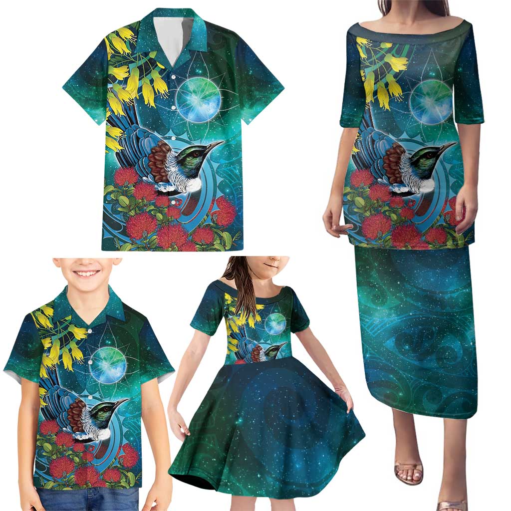 New Zealand Tui Bird Family Matching Puletasi and Hawaiian Shirt Maori Koru With Pohutukawa Galaxy Style - Polynesian Pride