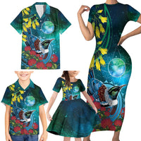New Zealand Tui Bird Family Matching Short Sleeve Bodycon Dress and Hawaiian Shirt Maori Koru With Pohutukawa Galaxy Style - Polynesian Pride