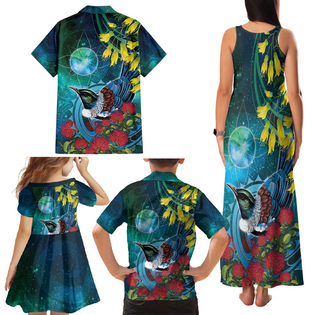 New Zealand Tui Bird Family Matching Tank Maxi Dress and Hawaiian Shirt Maori Koru With Pohutukawa Galaxy Style - Polynesian Pride