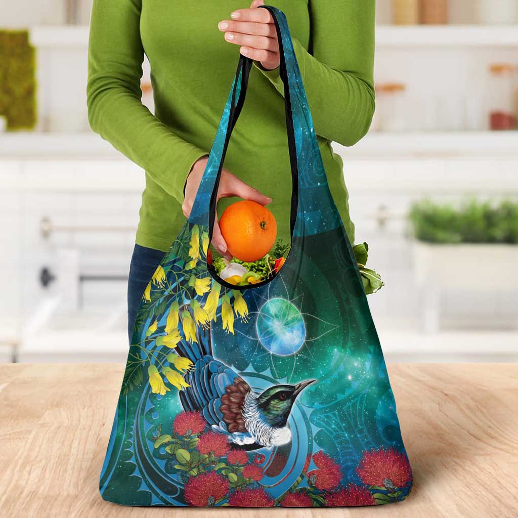 New Zealand Tui Bird Grocery Bag Maori Koru With Pohutukawa Galaxy Style - Polynesian Pride