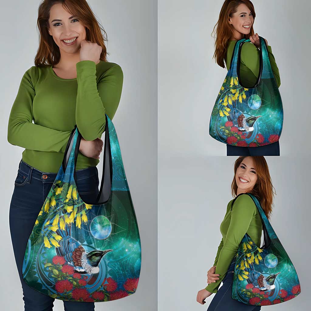 New Zealand Tui Bird Grocery Bag Maori Koru With Pohutukawa Galaxy Style - Polynesian Pride